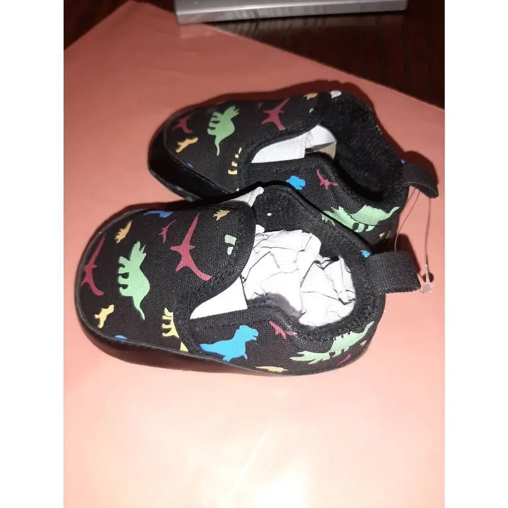 Infant Size 2 Black Canvas Dinosaur Slip On Soft Elastic Side Shoes